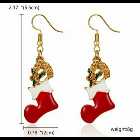 Red Christmas Holiday Stocking Wreath Dangle Drop Earrings - Picture 6 of 6